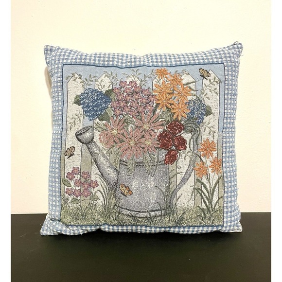 The Unbranded Brand Other - Cottagecore Pillow Blue Border Watering Can Overflowing Wild Flowers‎ Tapestry